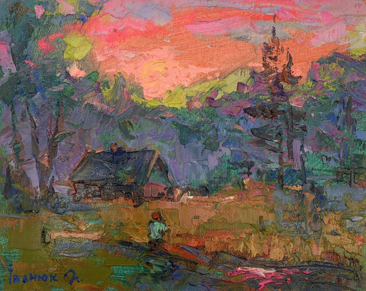 Oil painting Pink sunset behind the trees Alex Ivanyuk