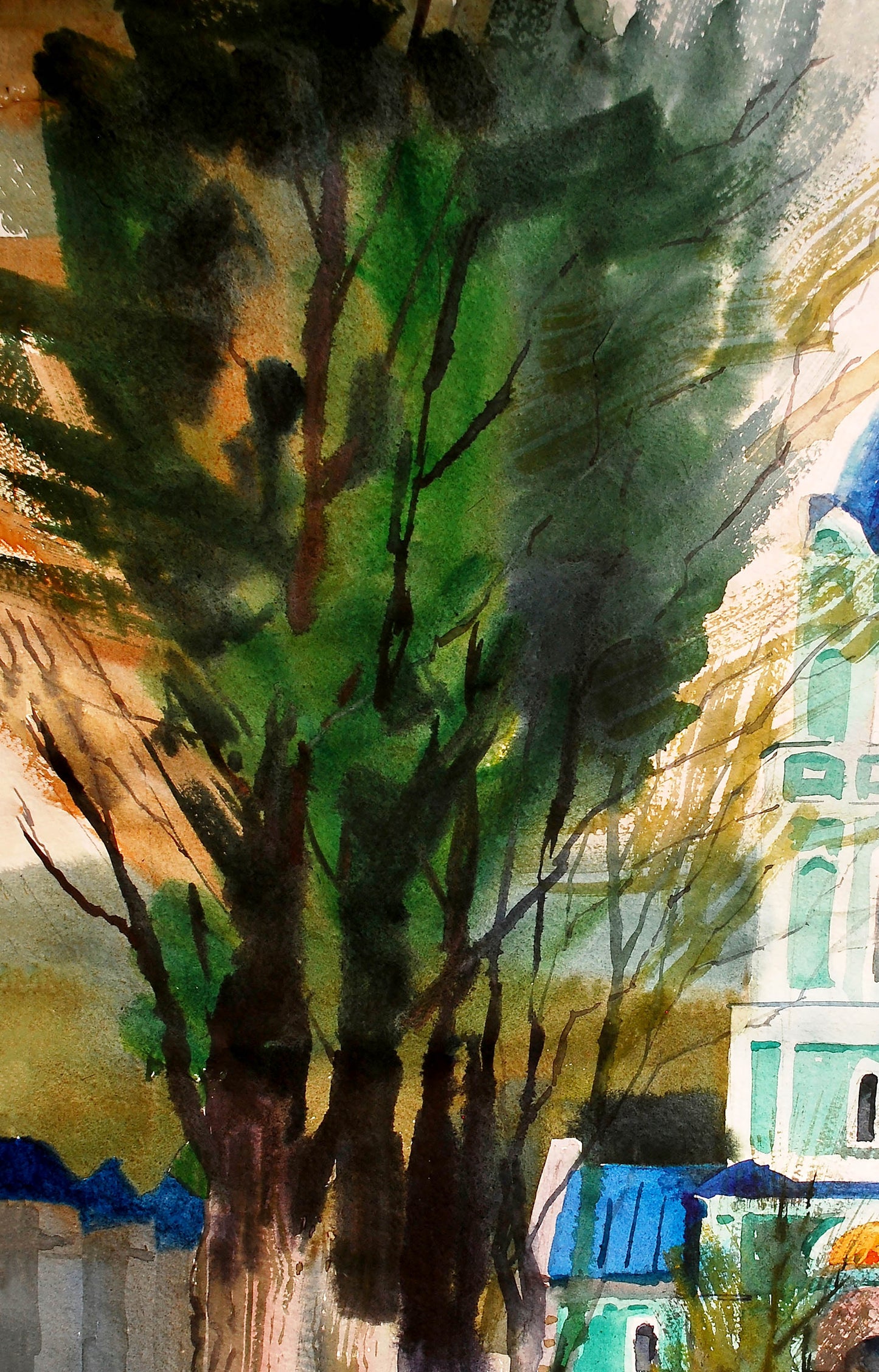 Watercolor painting Landscape with a church Egor Shvachunov