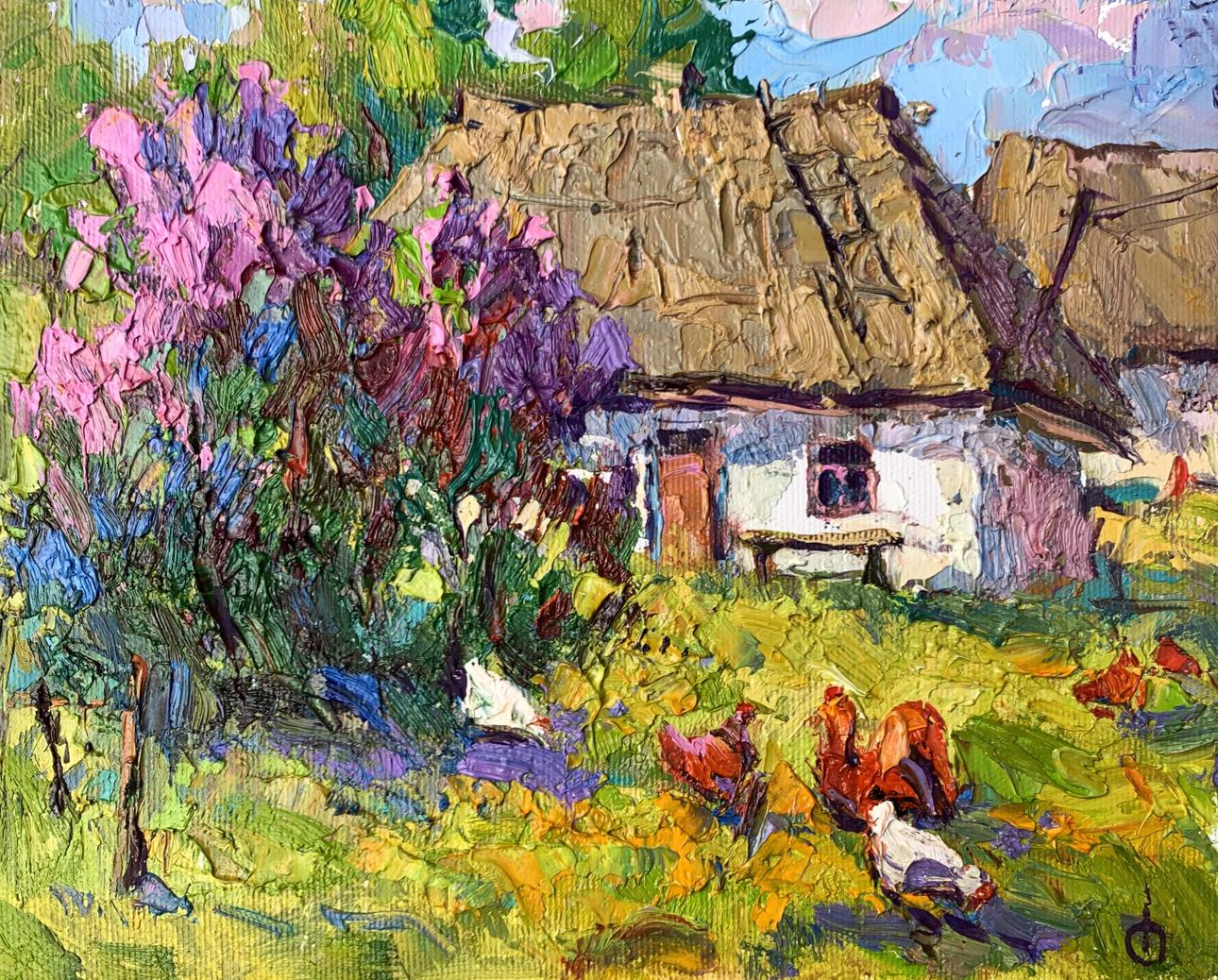 4 Oil painting Chickens grazing in the yard Oksana Ivanyuk