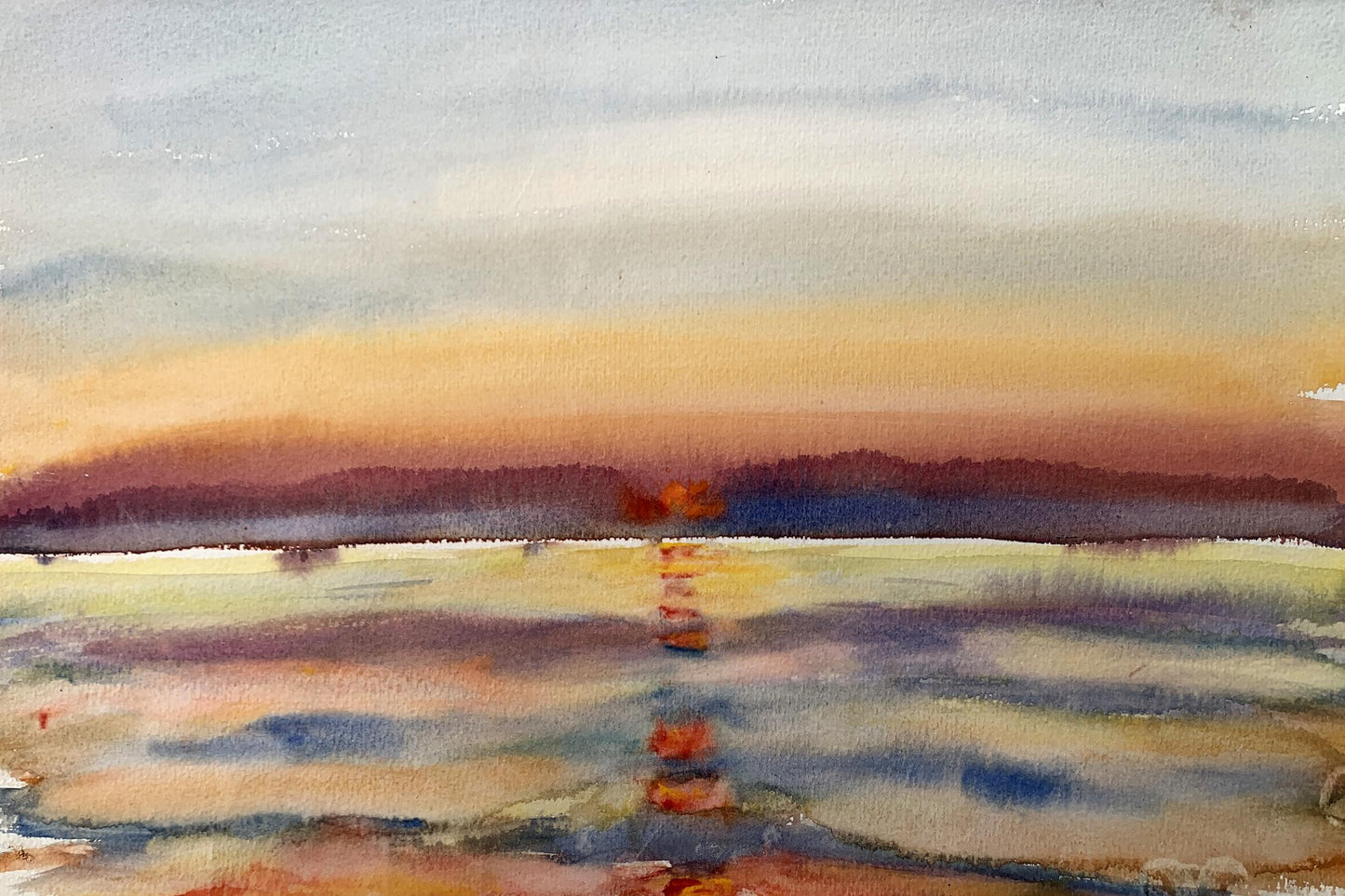 Watercolor painting Reflection of the sun in the sea Unknown artist