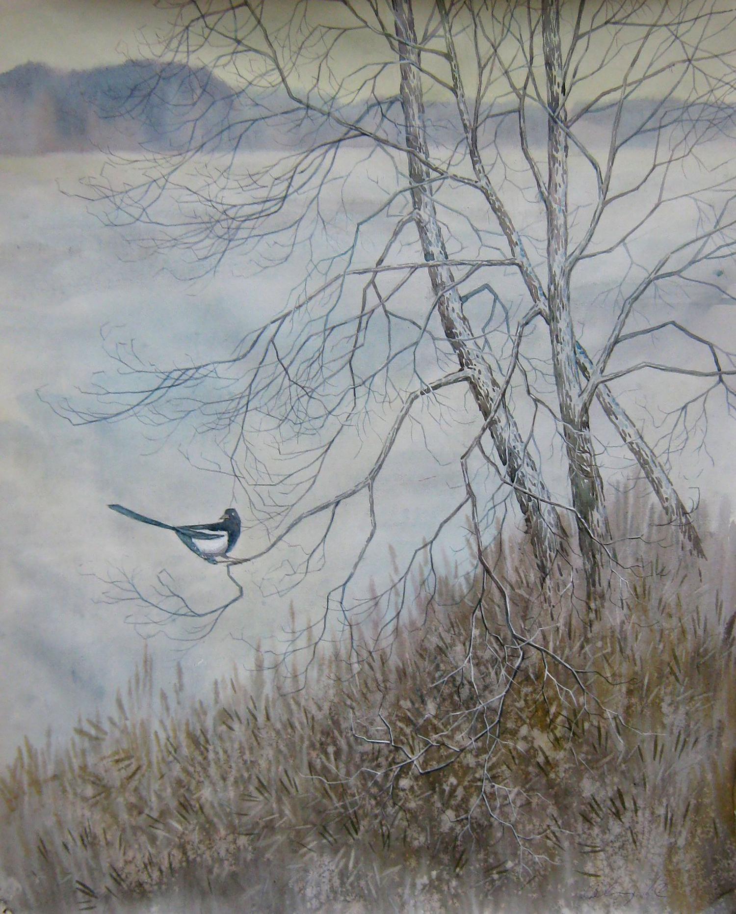 Watercolor painting Magpie on bare branches Valery Savenets