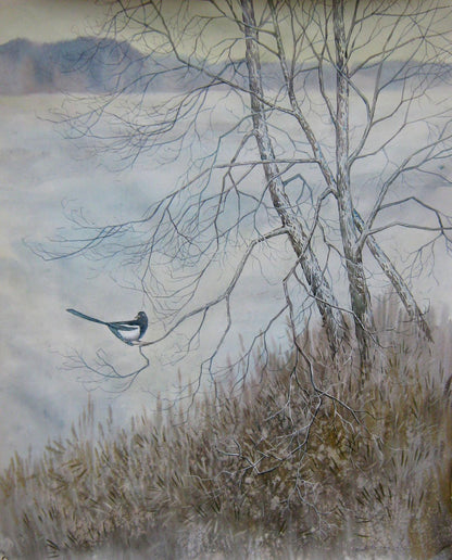 Watercolor painting Magpie on bare branches Valery Savenets