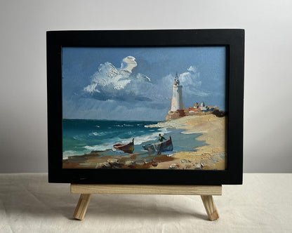 OIl painting Boats at the lighthouse Yuriy Suprunchuk