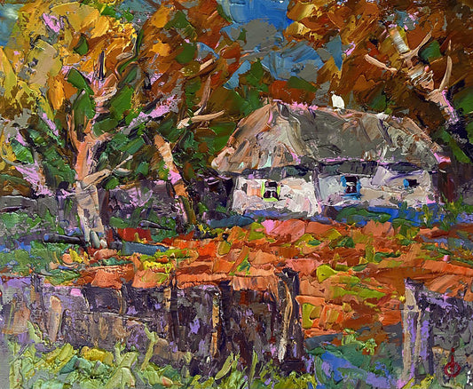 Oil painting Village evening