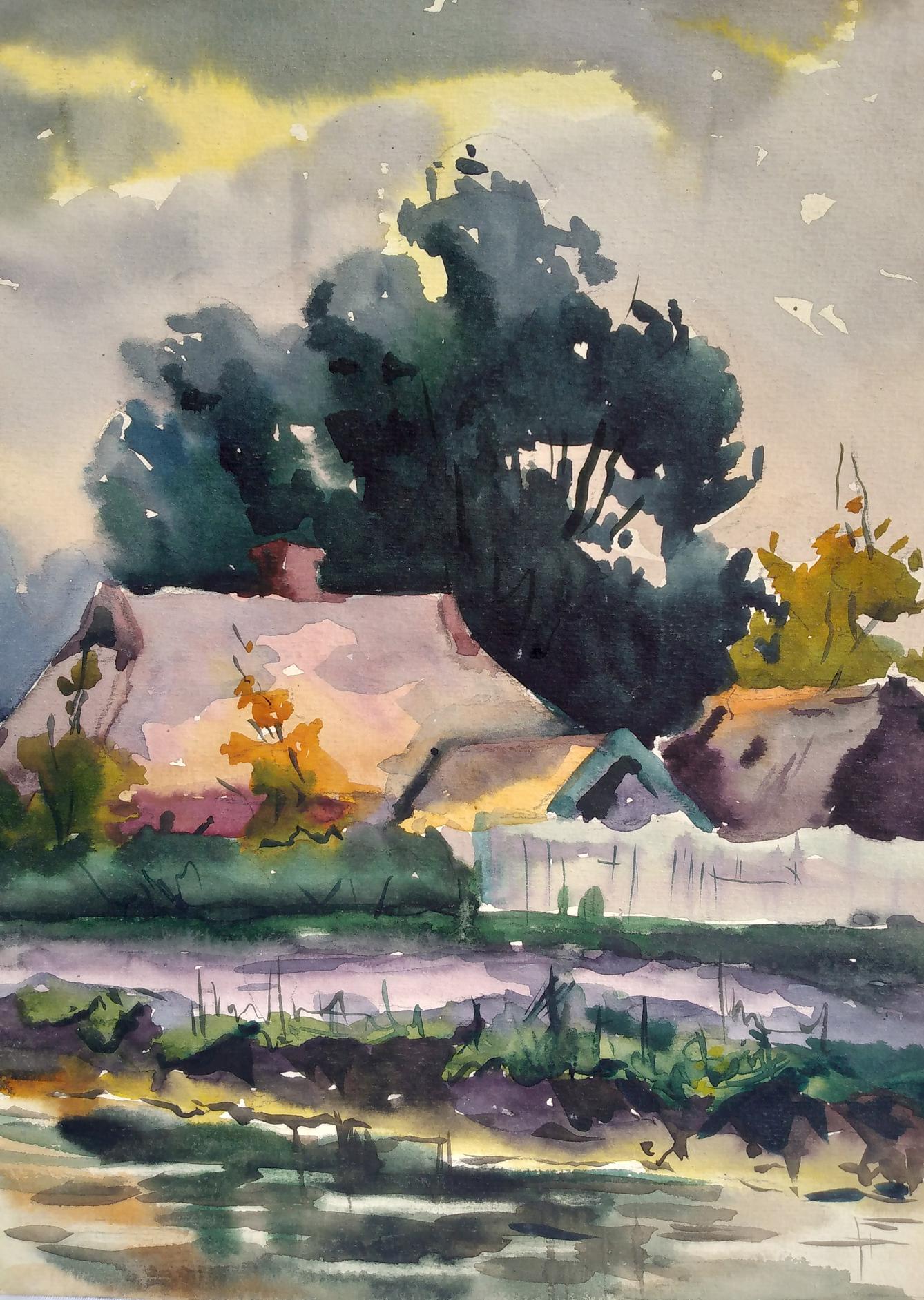 Watercolor painting Houses by the river Unknown artist