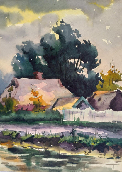 Watercolor painting Houses by the river Unknown artist