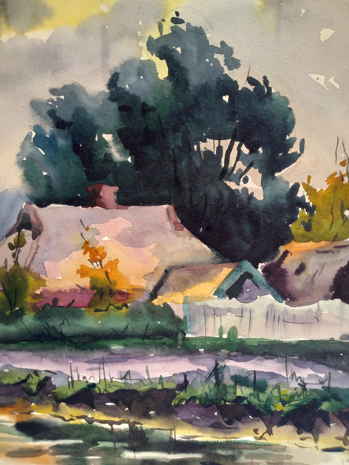 Watercolor painting Houses by the river Unknown artist