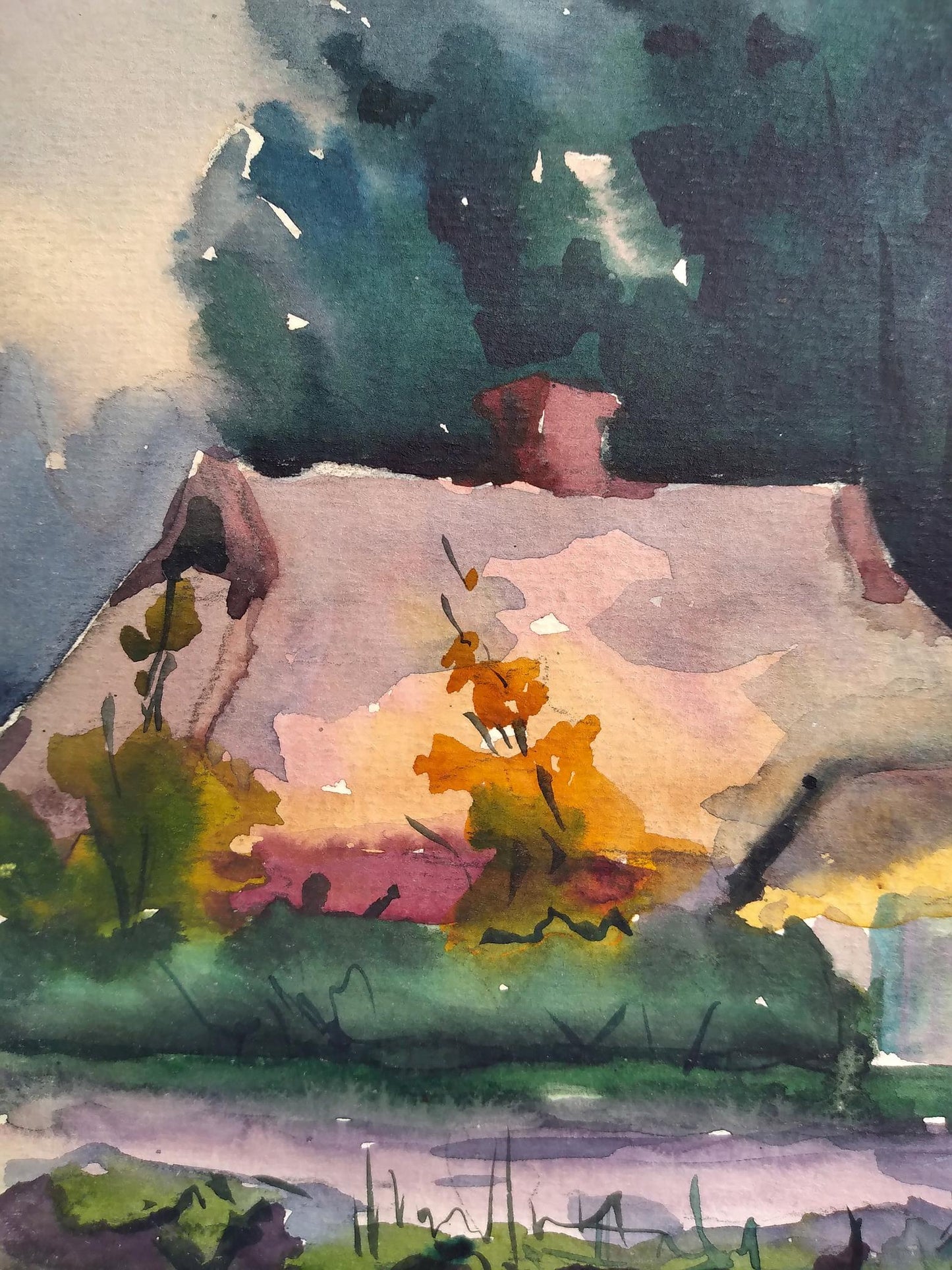 Watercolor painting Houses by the river Unknown artist