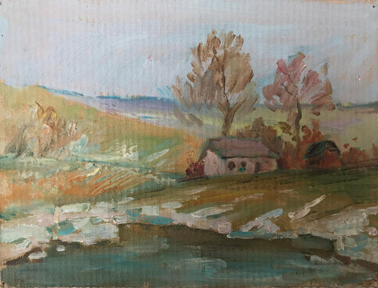 Oil painting House on the outskirts Unknown artist