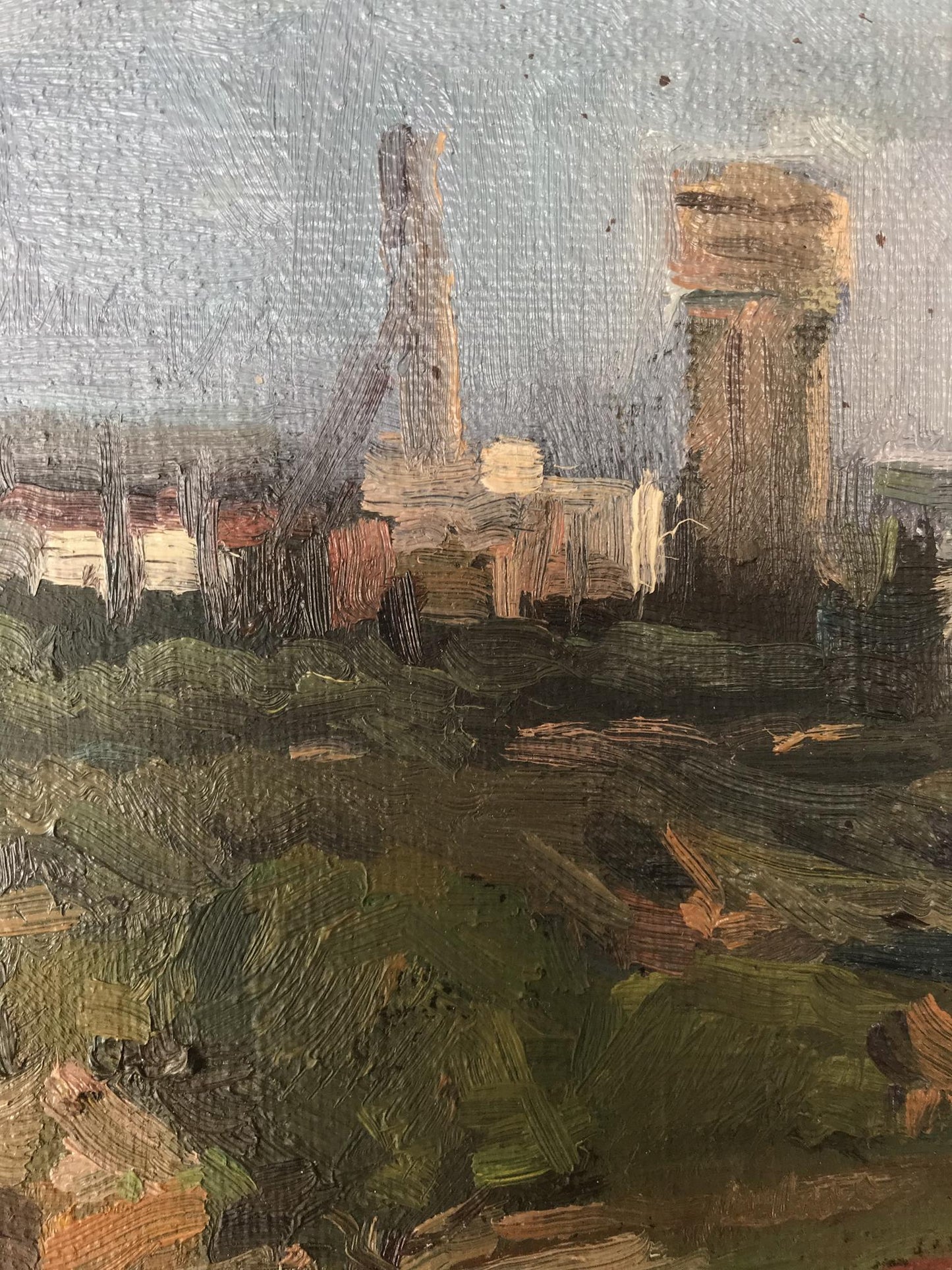 Oil painting "City View" by an Unknown Artist, capturing the allure of city skylines.