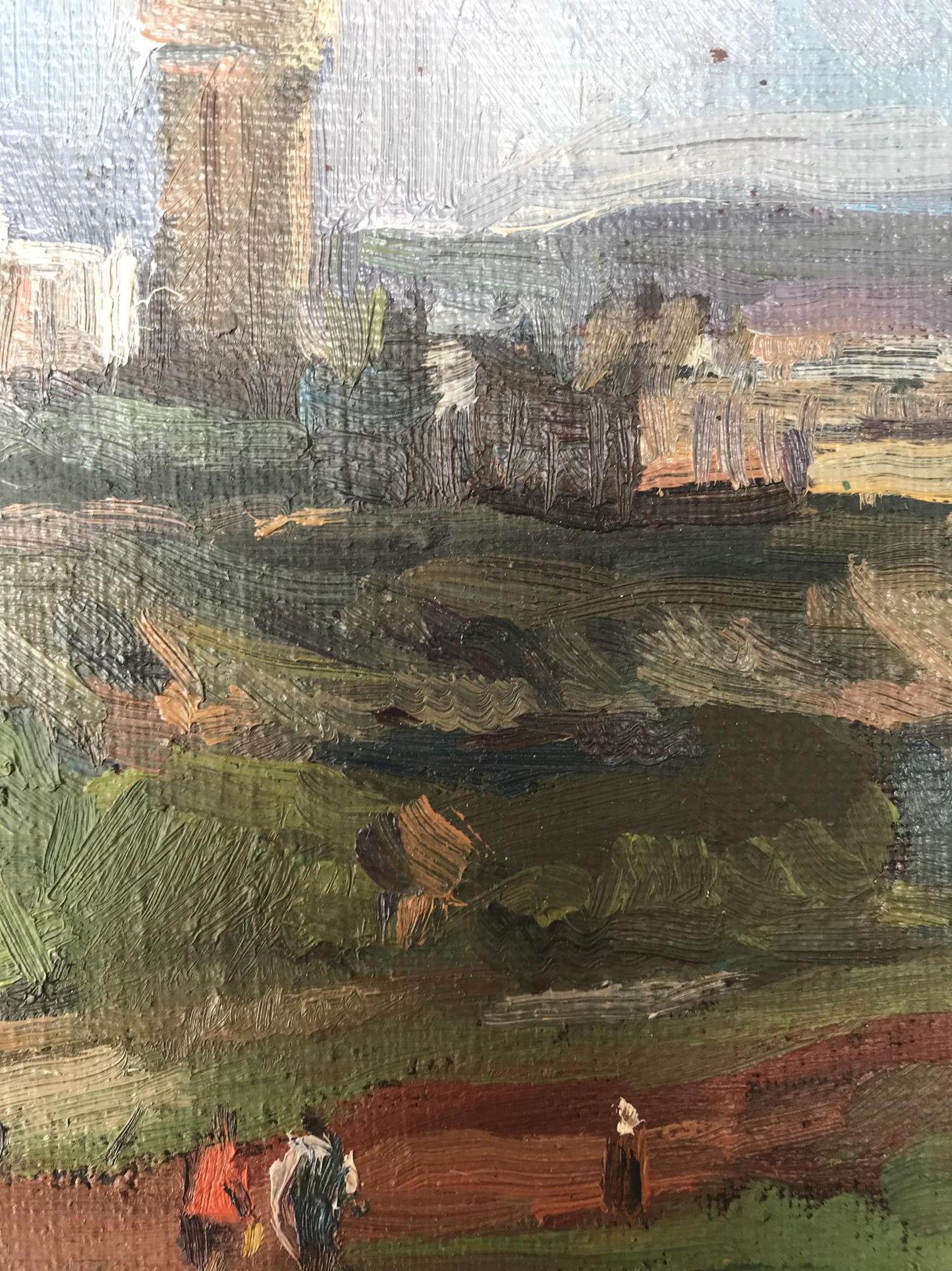 Oil painting "City View" by an Unknown Artist, portraying the hustle and bustle of urban centers.