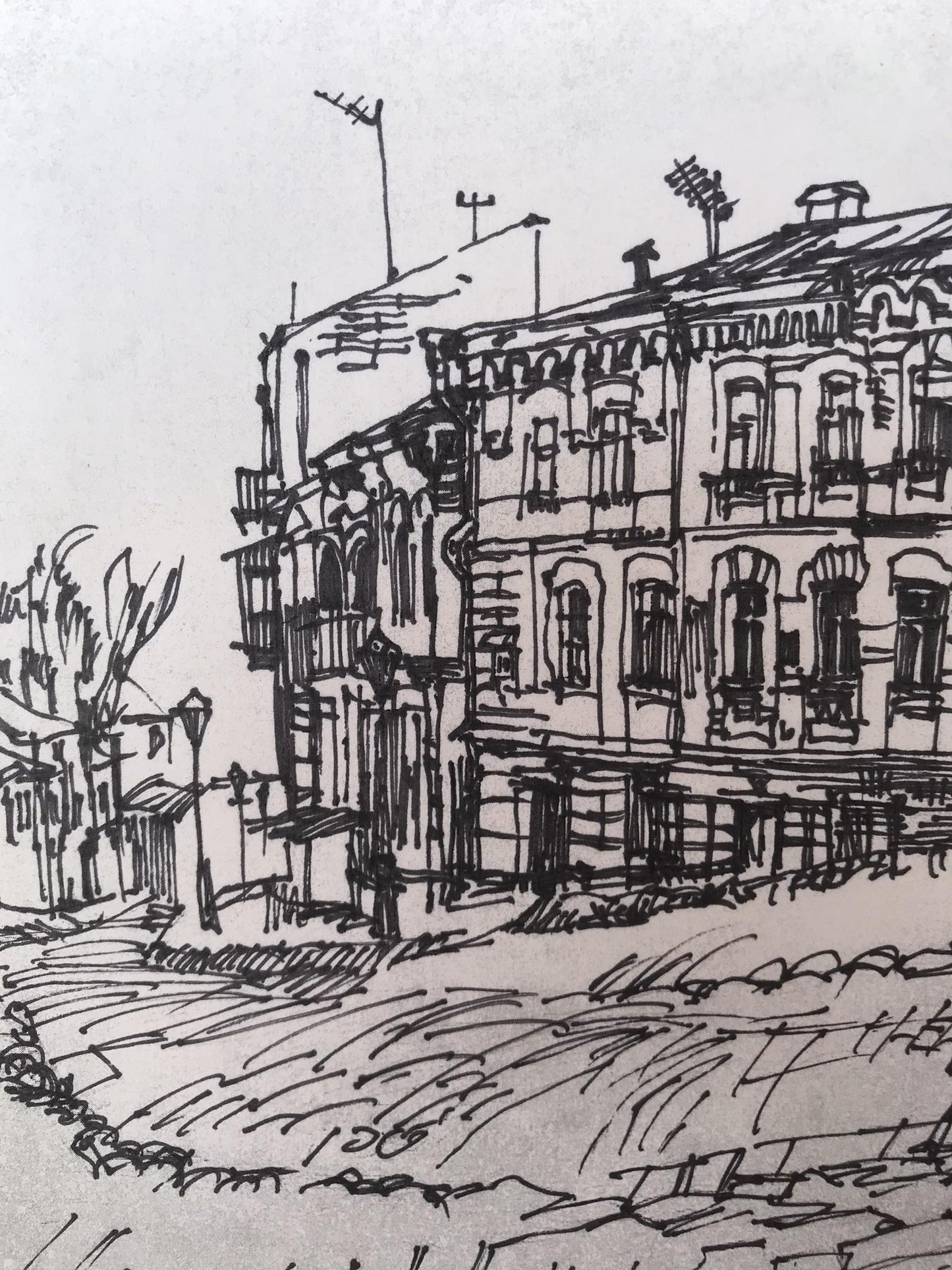 An ancient city is captured in this graphic painting by an unidentified artist