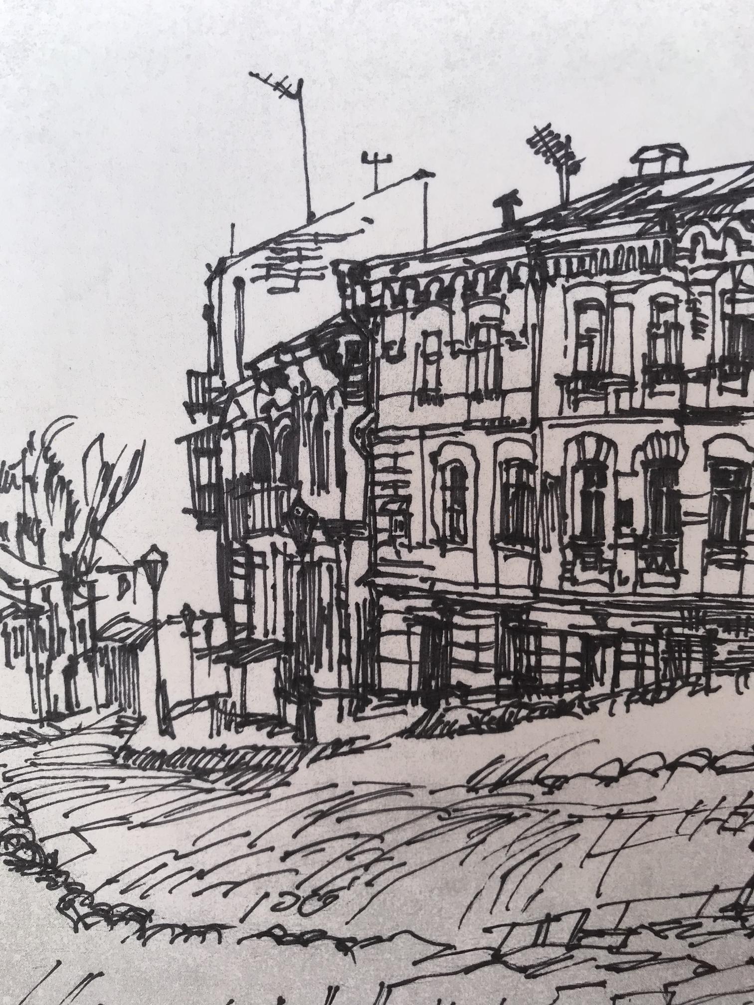 An ancient city is captured in this graphic painting by an unidentified artist