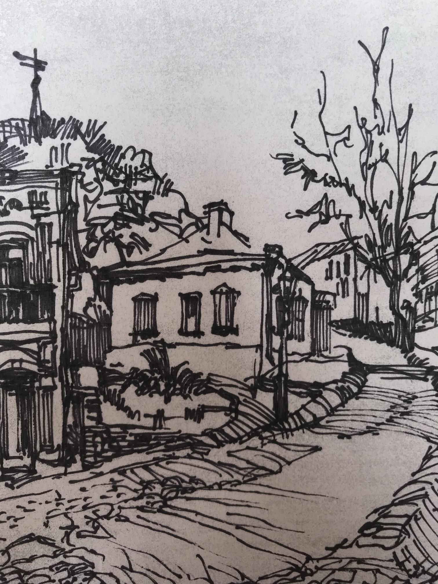 The mystery of an ancient city is evoked in this graphic painting by an unknown artist