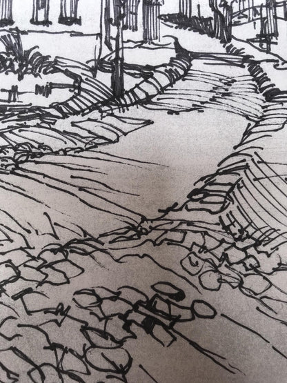 The allure of an ancient city is brought to life in this graphic painting by an unknown artist