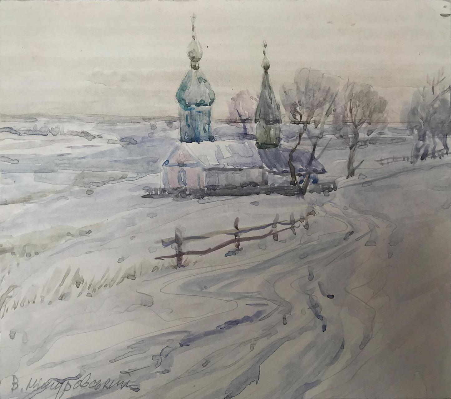 Watercolor painting Cold winter Myshurovsky Victor