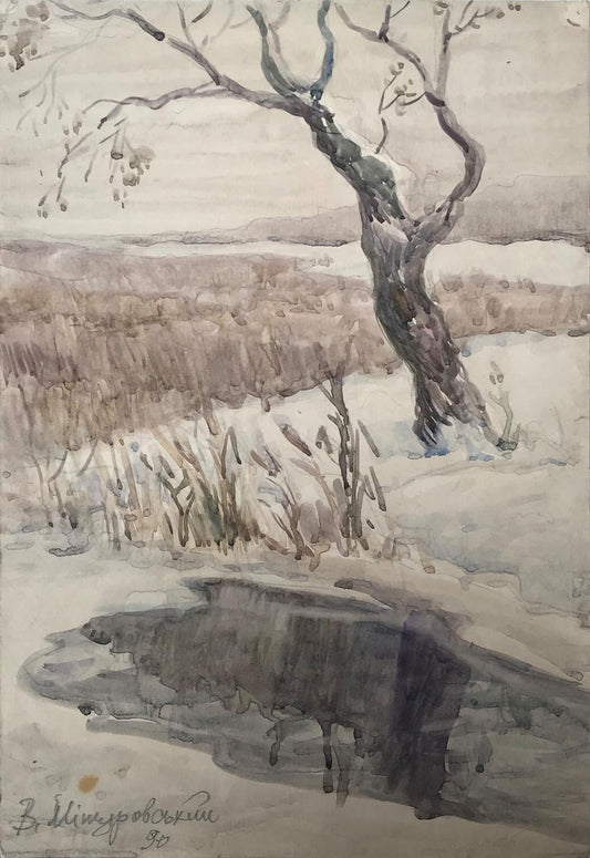 Watercolor painting Winter's end Myshurovsky Victor