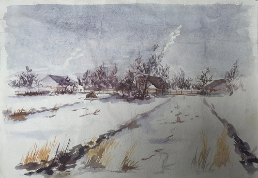 Watercolor painting Winter in the village Unknown artist