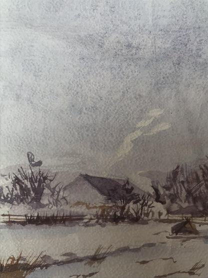 Watercolor painting Winter in the village Unknown artist