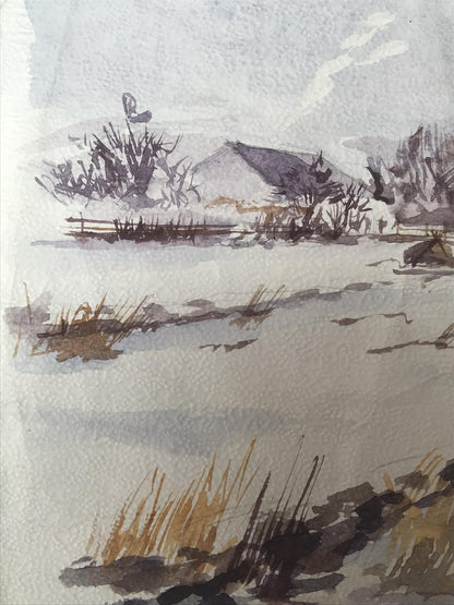 Watercolor painting Winter in the village Unknown artist