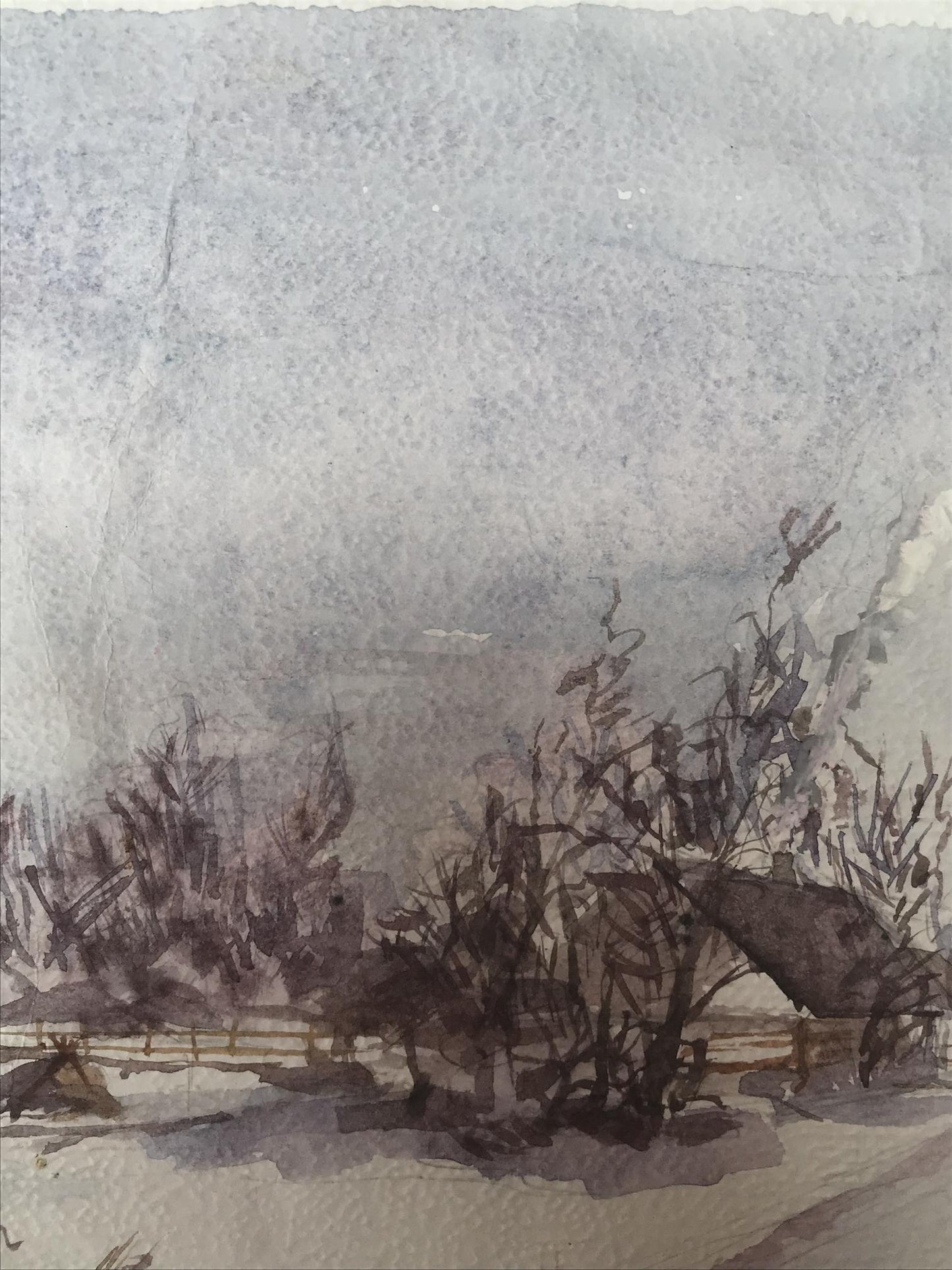 Watercolor painting Winter in the village Unknown artist