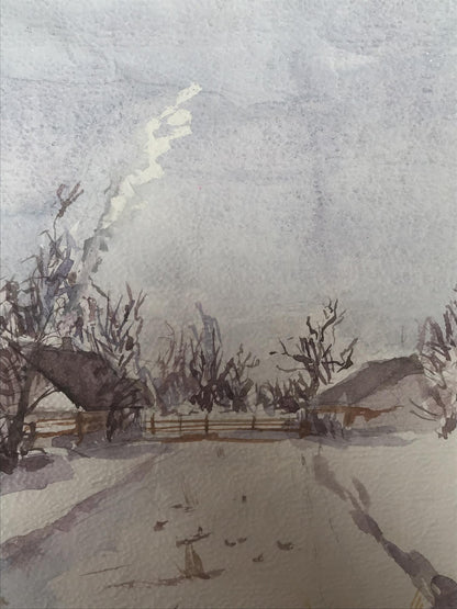 Watercolor painting Winter in the village Unknown artist