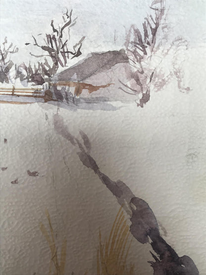 Watercolor painting Winter in the village Unknown artist