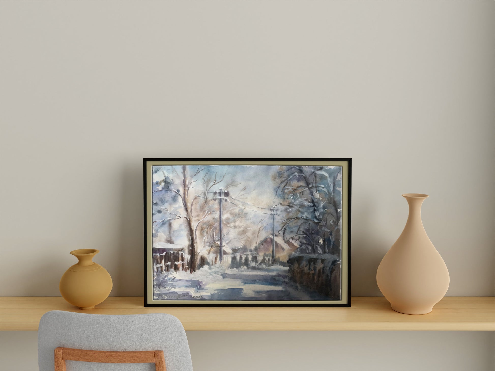 Streets in the Snow: a watercolor painting by Victor Wihyrovskii