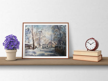 Watercolor painting depicting "Streets in the Snow" by Victor Wihyrovskii