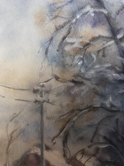 Watercolor painting titled "Streets in the Snow" by Victor Wihyrovskii