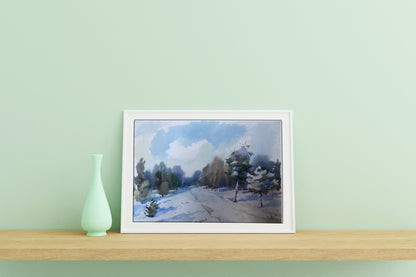 Watercolor painting Winter landscape Unknown artist
