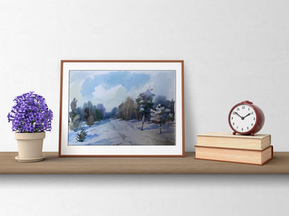 Watercolor painting Winter landscape Unknown artist