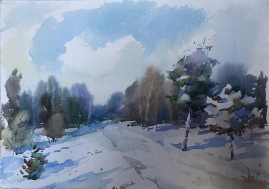 Watercolor painting Winter landscape Unknown artist