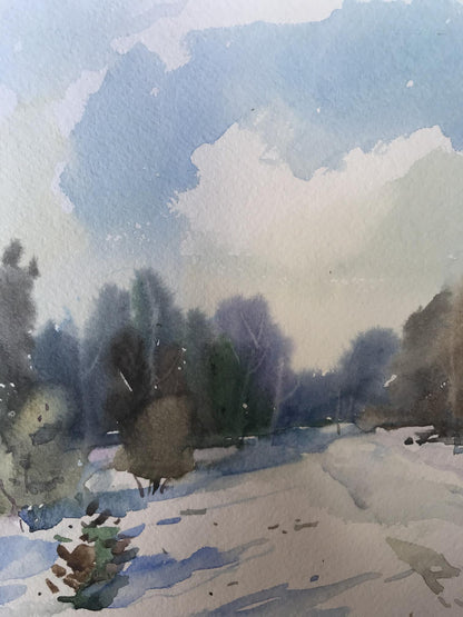 Watercolor painting Winter landscape Unknown artist