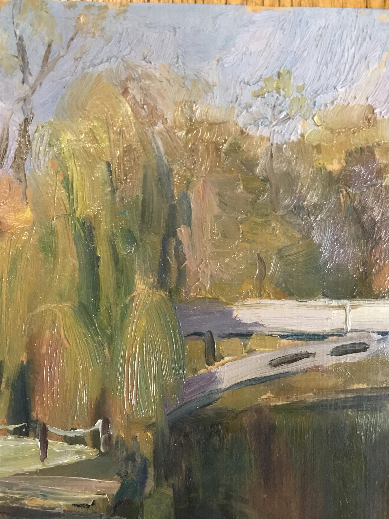 The oil painting features a bridge spanning a river, its artist unknown