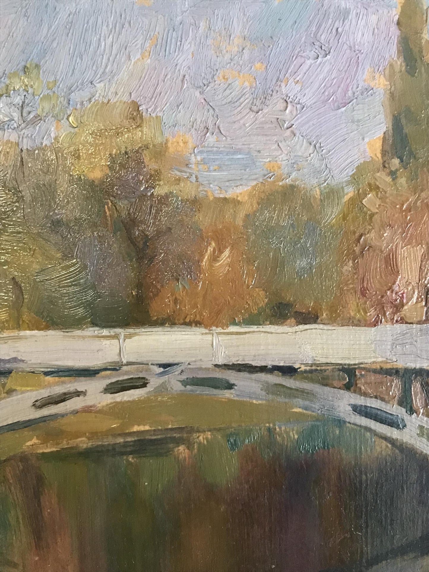 The unknown artist skillfully portrays the architectural elements of the bridge in oil