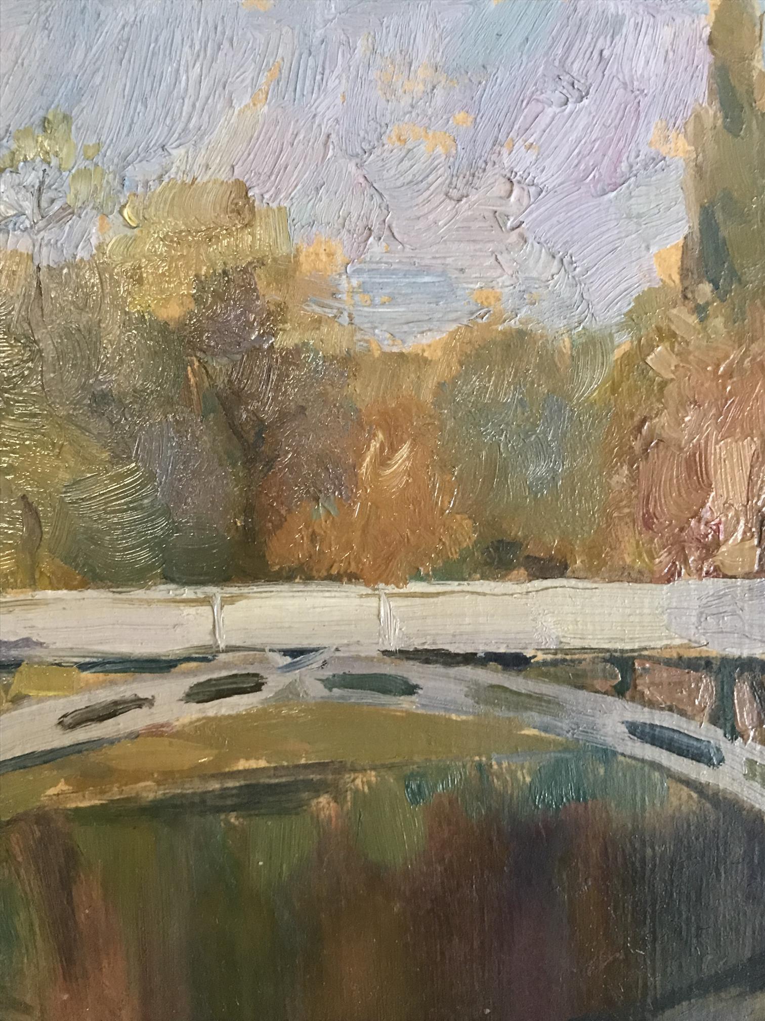 The unknown artist skillfully portrays the architectural elements of the bridge in oil