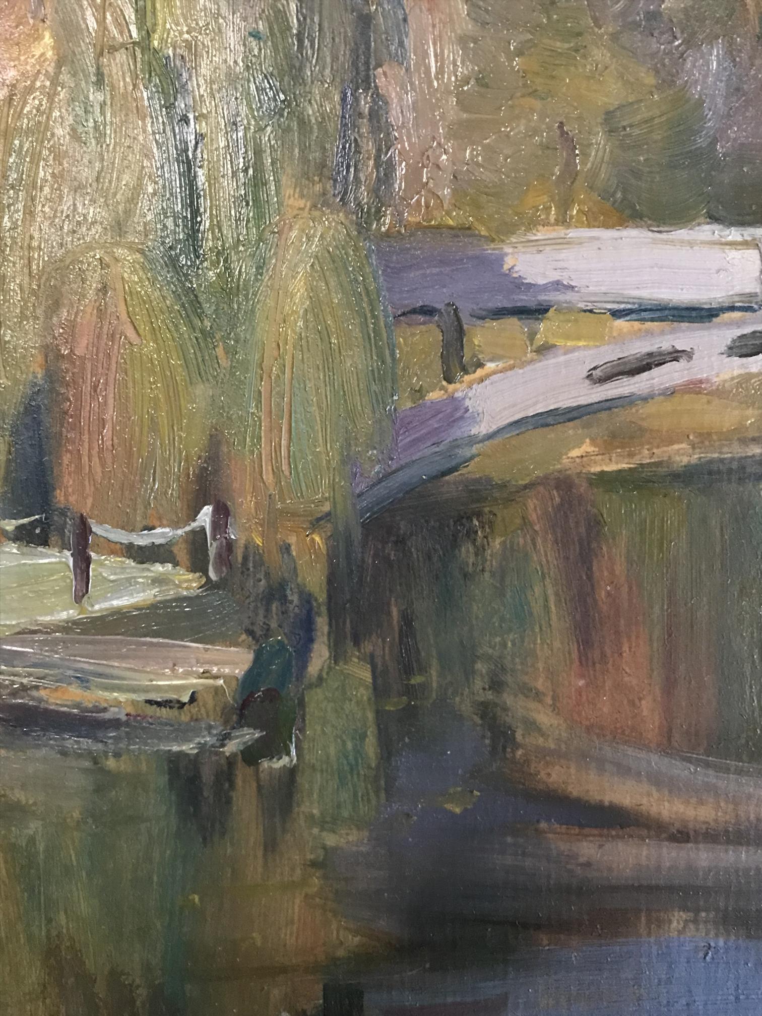 The artist's brushstrokes convey a sense of movement and depth in the flowing river