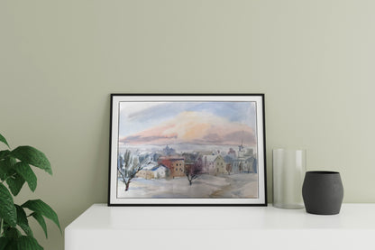 Watercolor painting Winter in the city Unknown artist