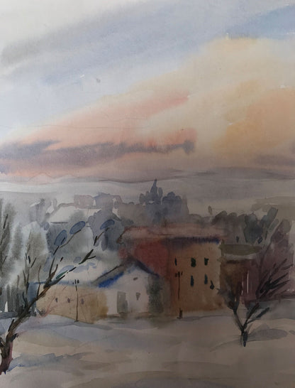 Watercolor painting Winter in the city Unknown artist