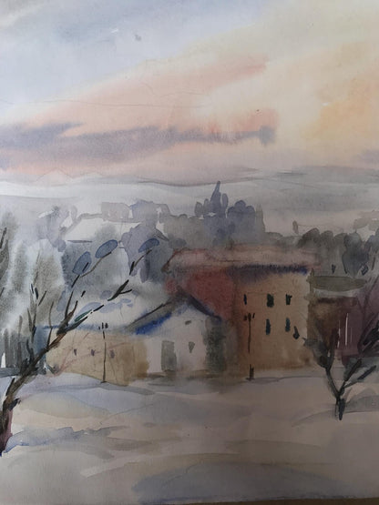 Watercolor painting Winter in the city Unknown artist