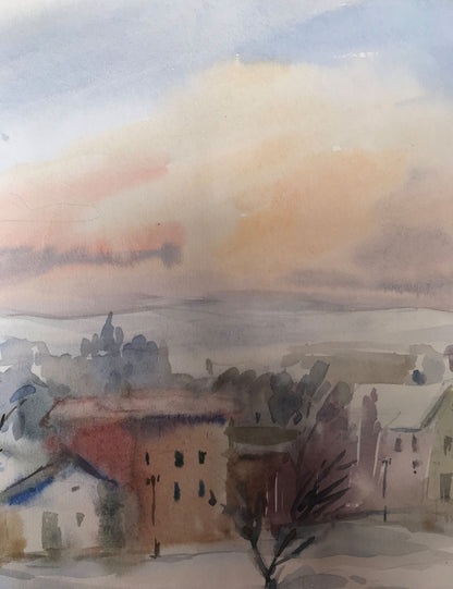 Watercolor painting Winter in the city Unknown artist