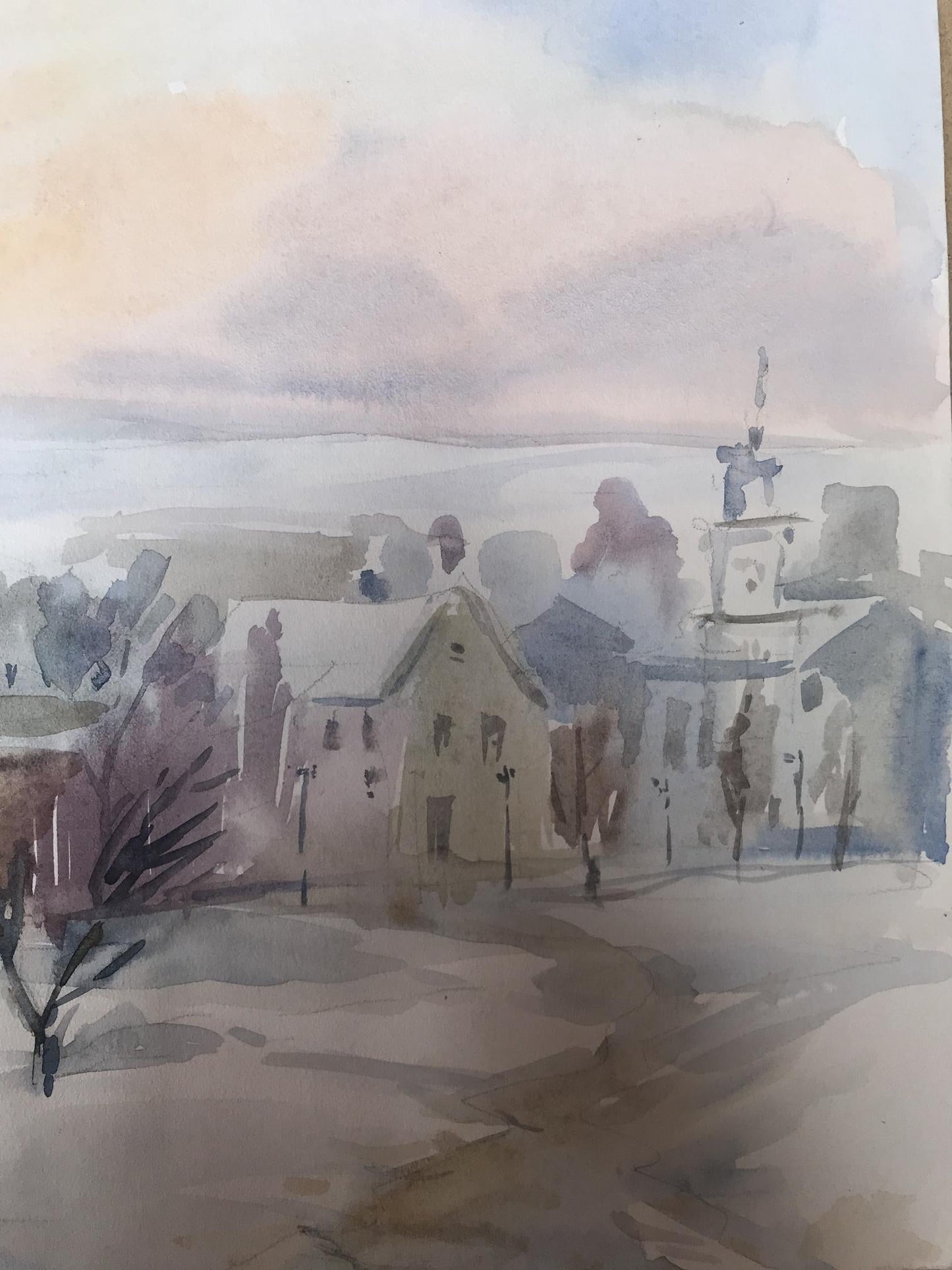 Watercolor painting Winter in the city Unknown artist