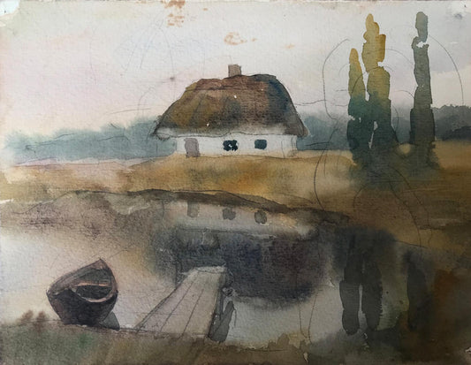 Watercolor painting House on the coast Unknown artist