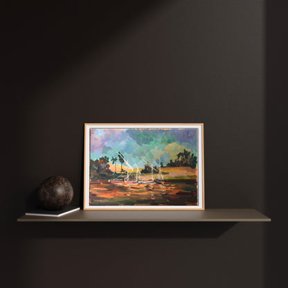 Tempera painting Boats on the shore Unknown artist