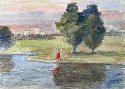 Watercolor painting River outside the city Myshurovsky Victor