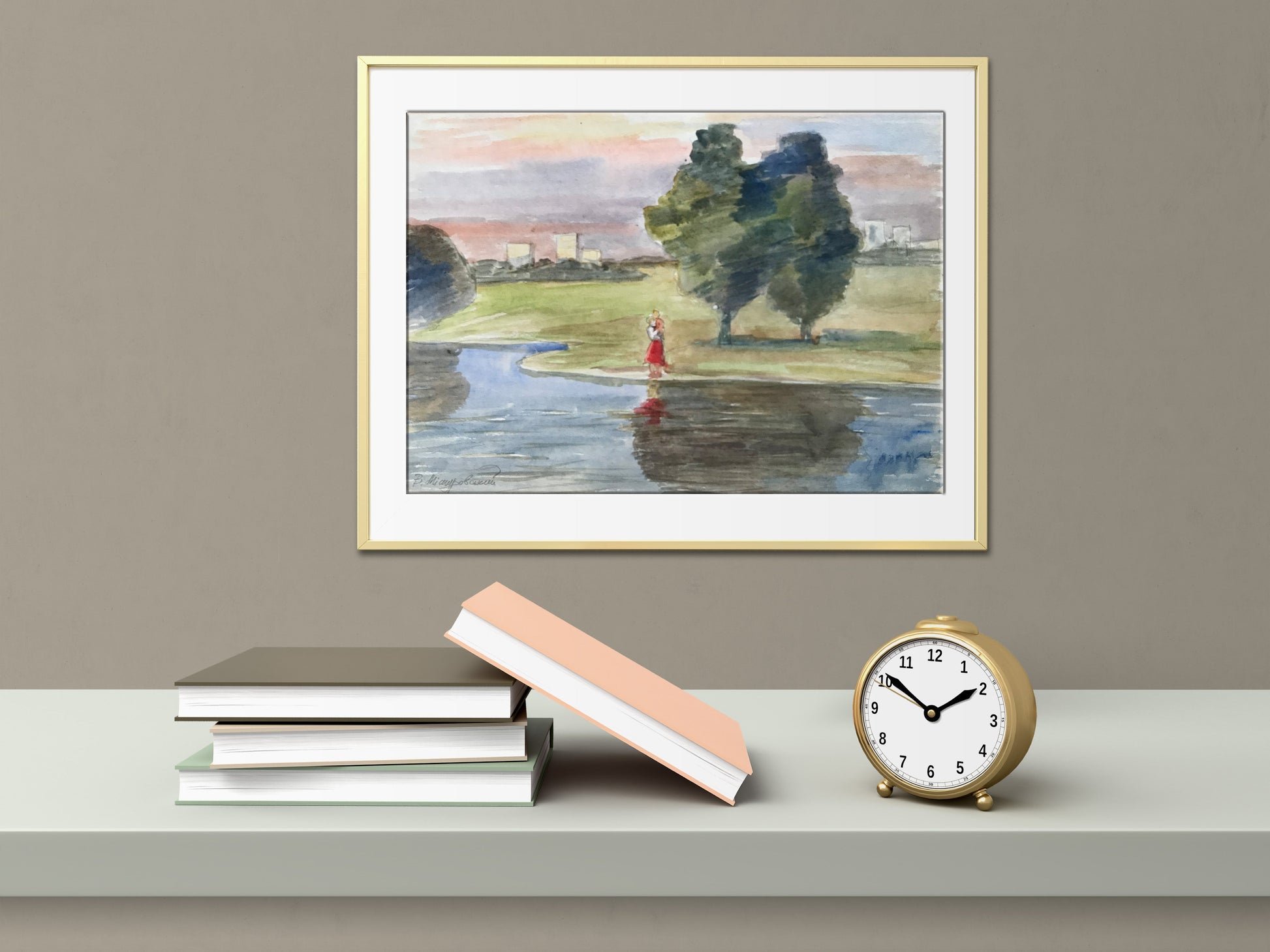Watercolor painting River outside the city 