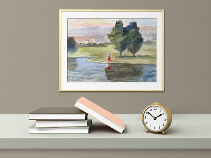 Watercolor painting River outside the city 
