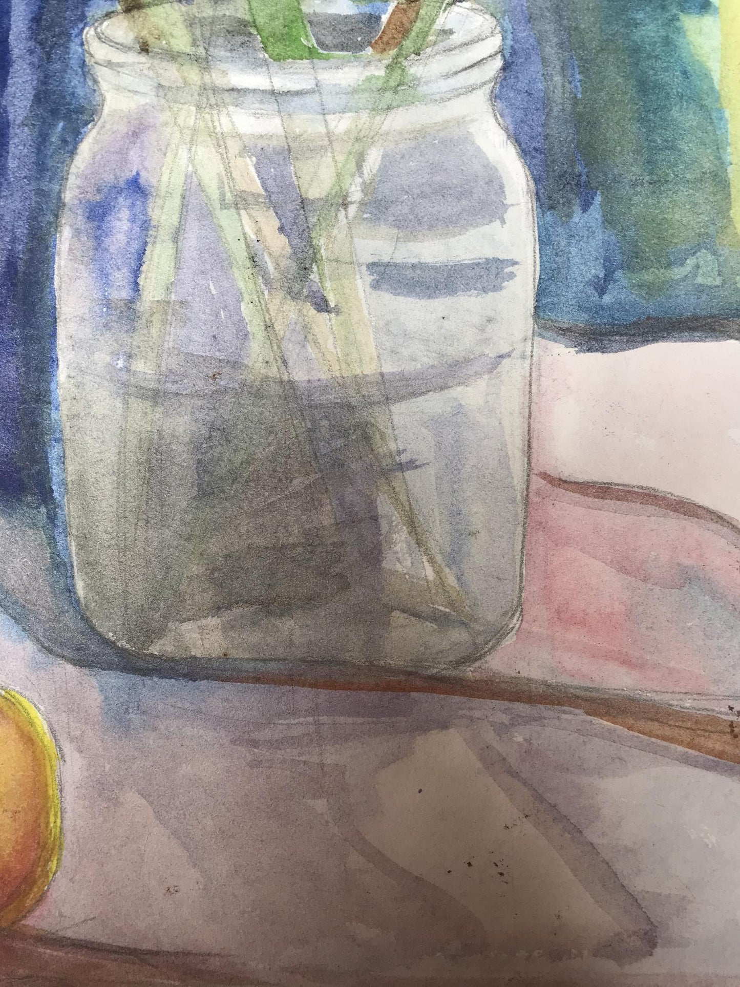 Watercolor painting Flowers and apple on the table Unknown artist