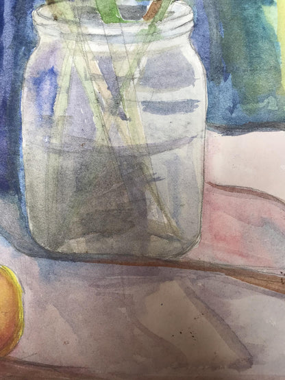 Watercolor painting Flowers and apple on the table Unknown artist